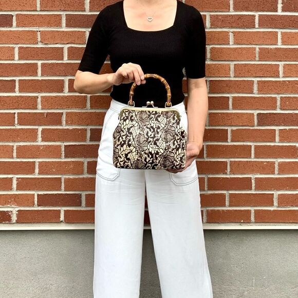 Handmade Real hair-on-horsehide Black Lace Printed Metal Frame Bamboo Handle Bag - Picture 2 of 16